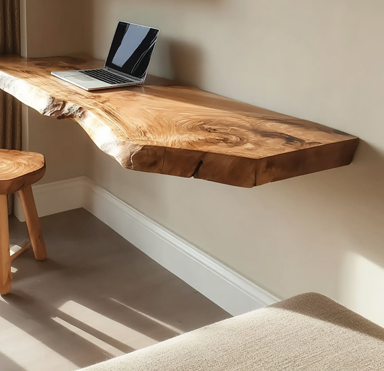Handcrafted Floating Live Edge Wooden Desk – Solid Wood Wall-Mounted Home Office Desk