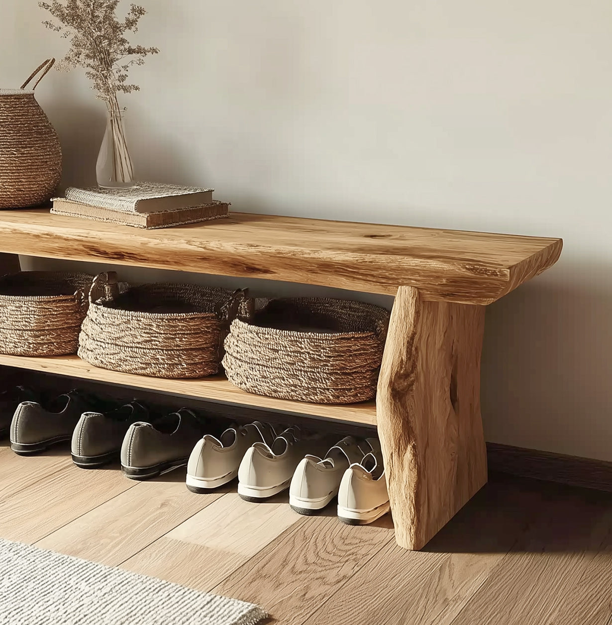 Live Edge Wooden Entryway Bench – Solid Wood Hallway Bench with Shelf