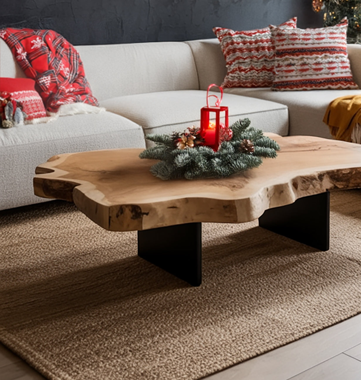 Rustic Live Edge Coffee Table – Handmade Wood Slab with Black Metal Legs