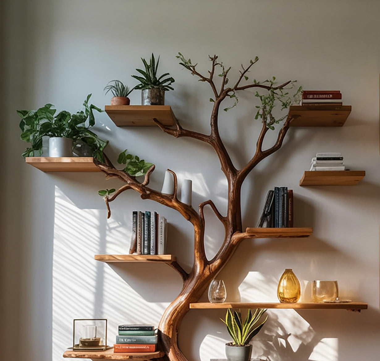 Decorative Tree Trunk Bookshelf - Large Wall-Mounted Wooden Sculpture - Rustic Display Shelf