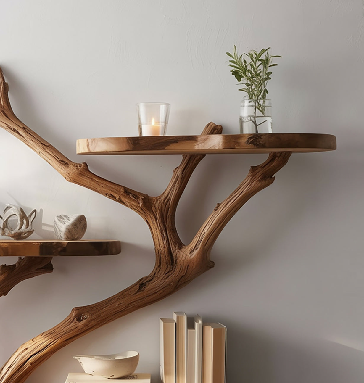 Handcrafted Tree Wall Bookshelf – Sculptural Wooden Floating Shelf