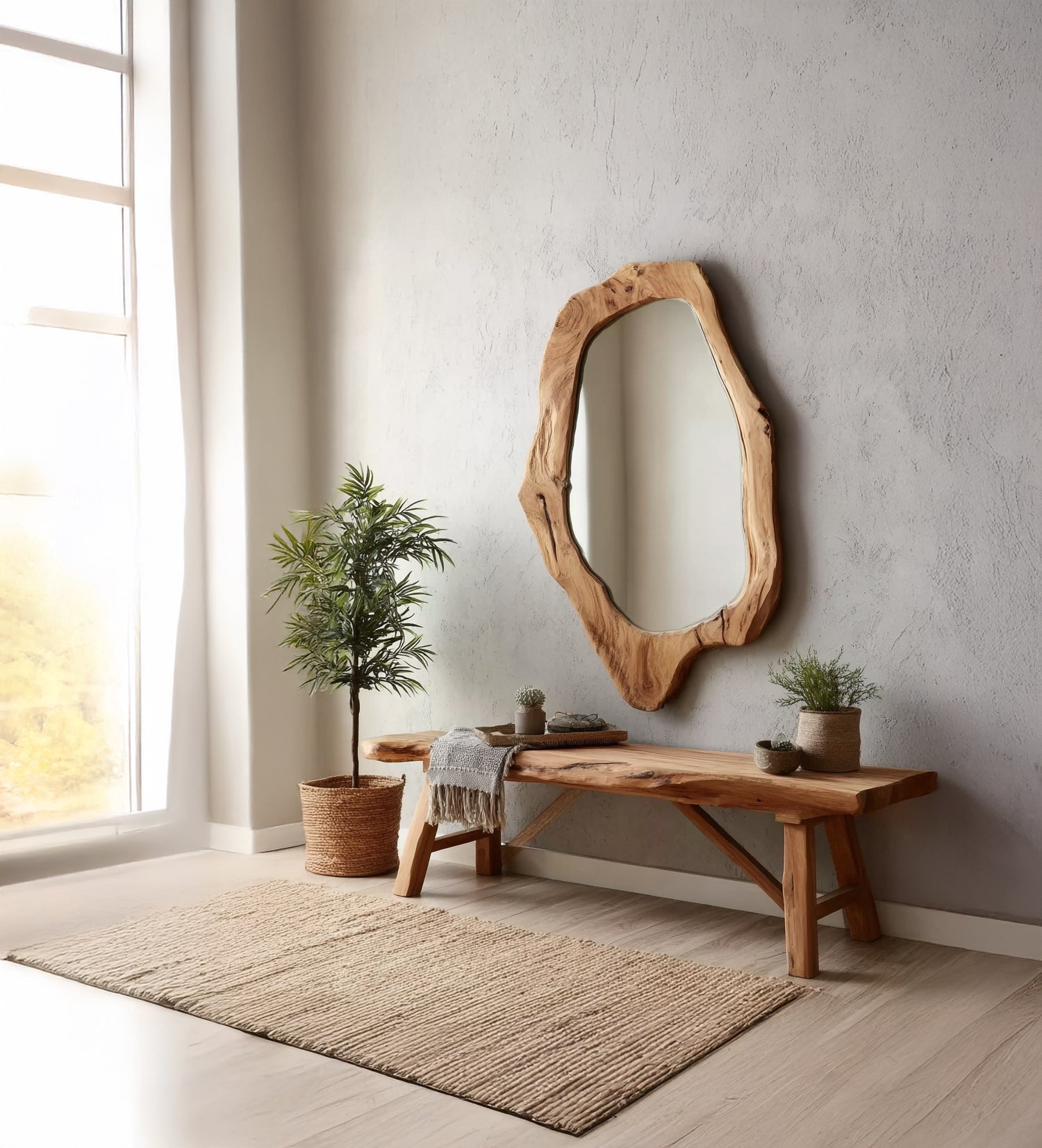 Handcrafted Wooden Mirror – Live Edge Natural Wood Frame, Rustic Wall Decor