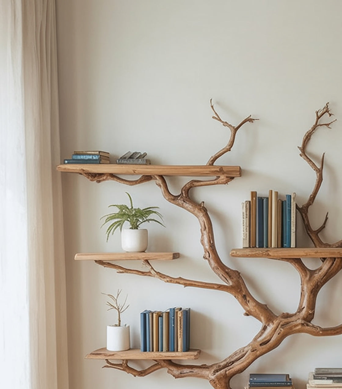 Live Edge Tree Branch Bookshelf – Handmade Wooden Wall Shelf for Rustic Home Decor