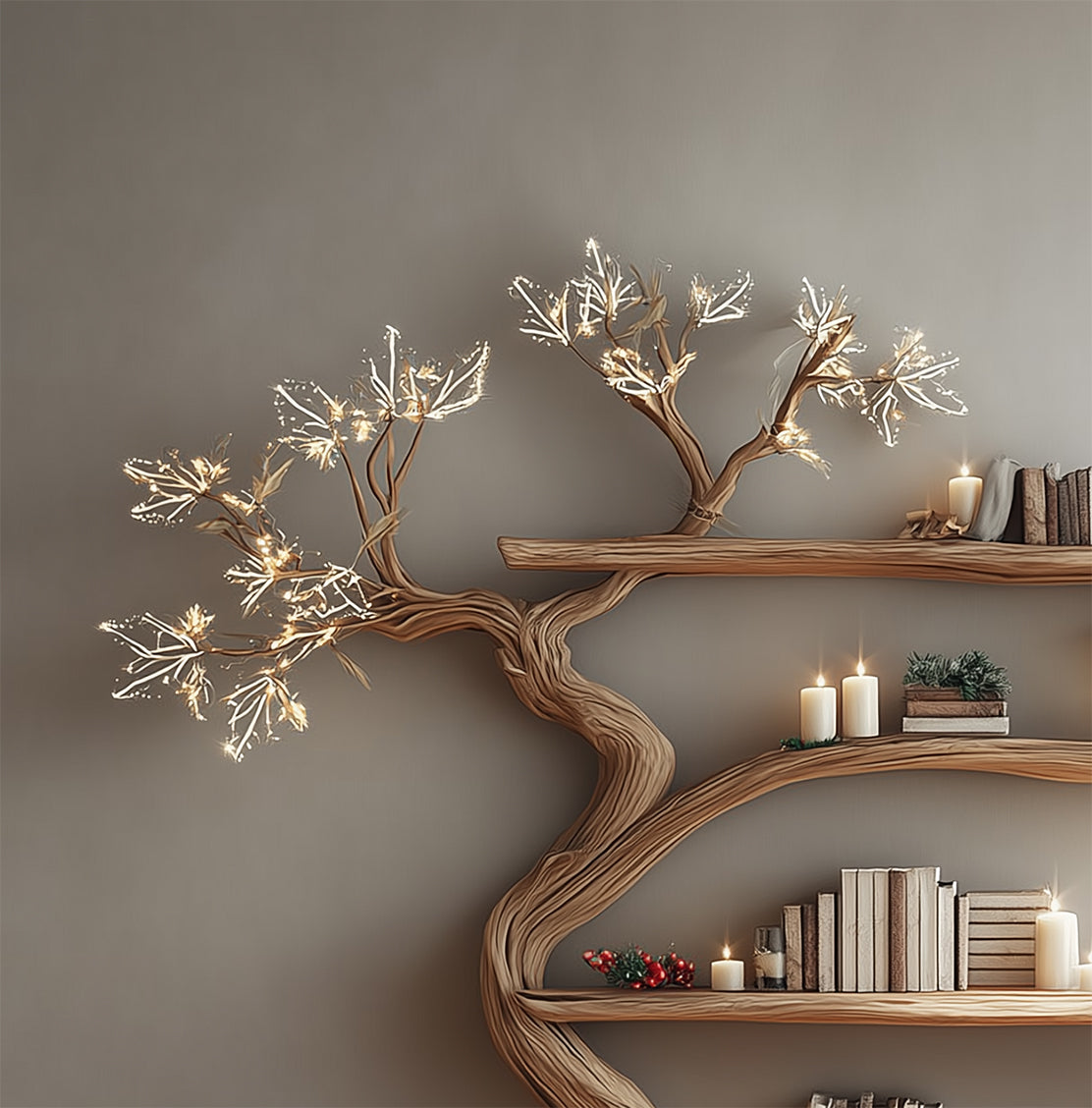 Handcrafted Tree Bookshelf – Rustic Wooden Wall-Mounted Bookcase for Home Decor