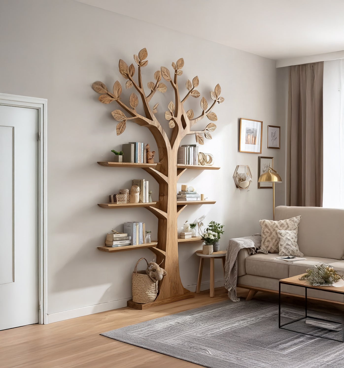 Rustic Wooden Tree Bookshelf: Wall-Mounted Bookcase, Natural Wood Furniture