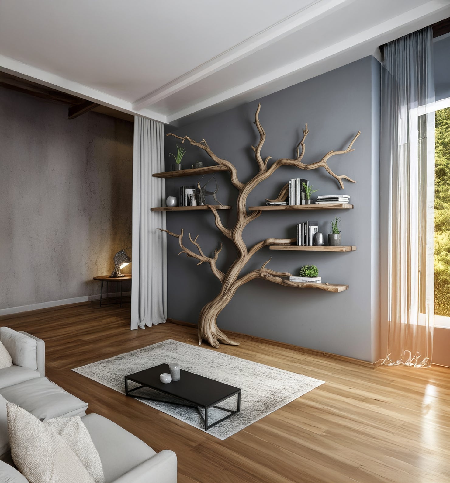 Tree Branch Wall Shelf – Artistic Wooden Bookshelf for Living Room