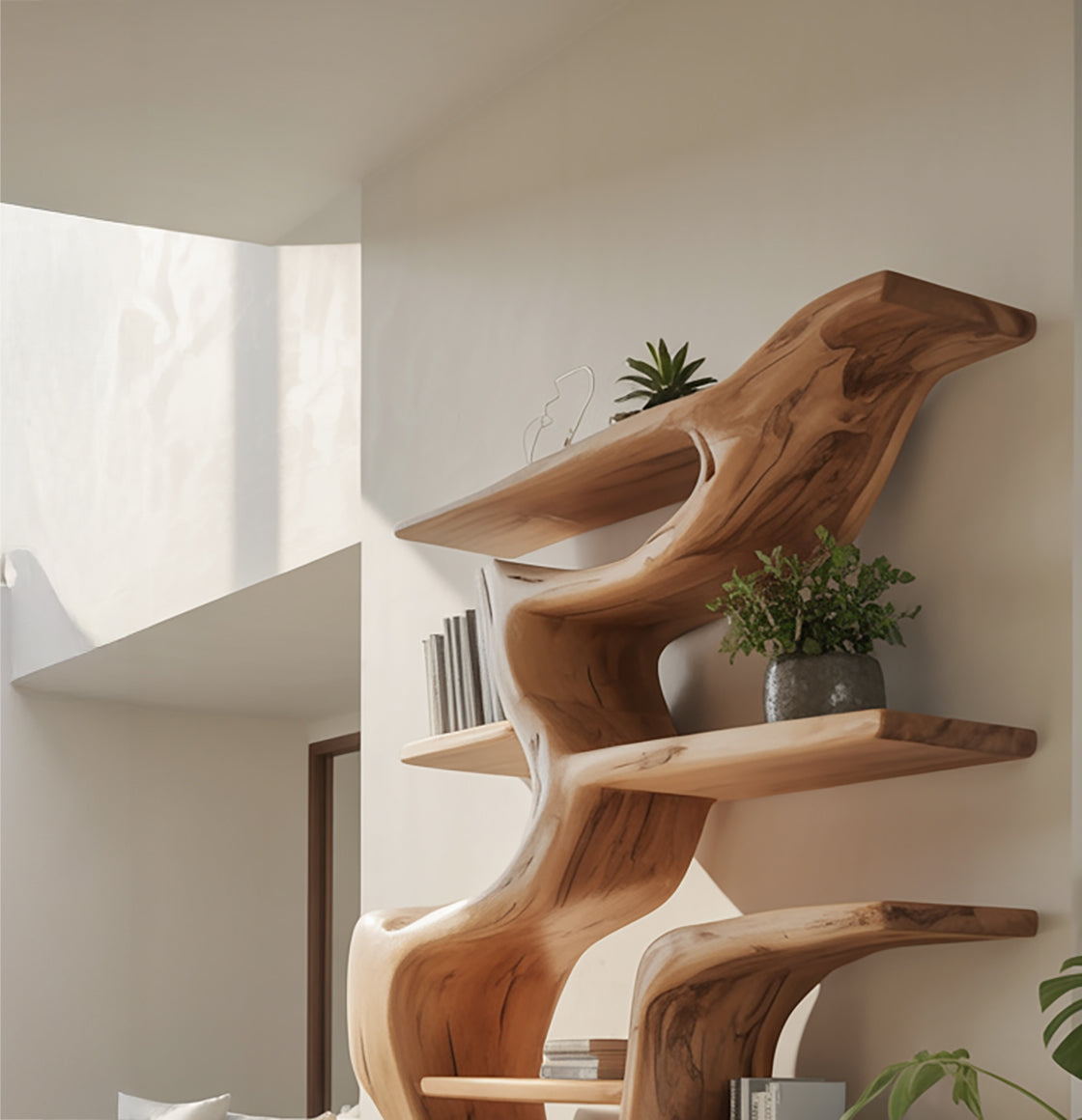 Artistic Wooden Bookshelf – Handcrafted Sculptural Curved Shelf for Modern Home Decor