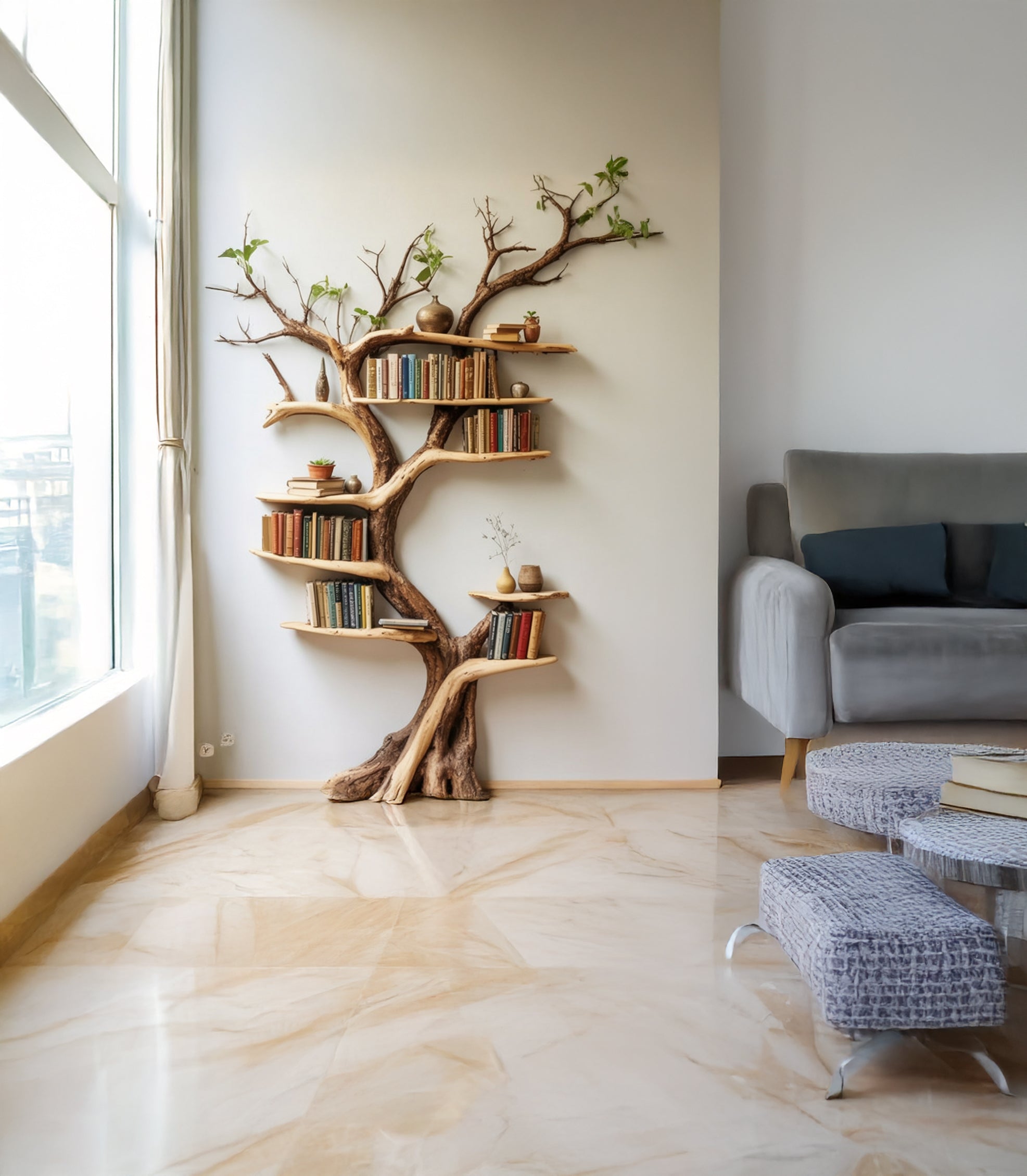 Tree Branch Bookshelf – Solid Wood Live Edge Floating Corner Shelf, Unique Bookcase