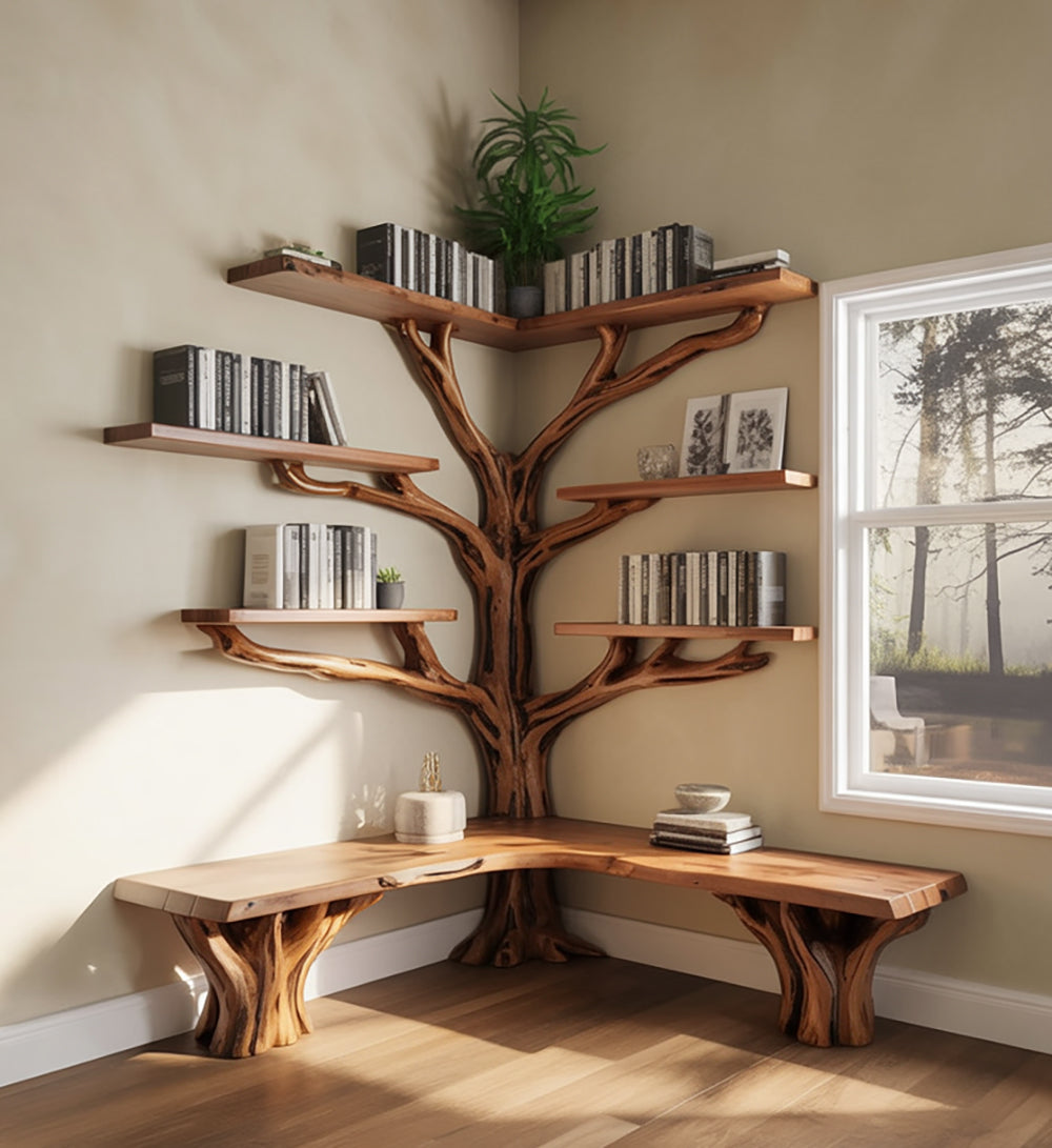 Corner Tree Bookshelf - Rustic Live Edge Solid Wood Bookcase for Kids, Handmade Natural Decor