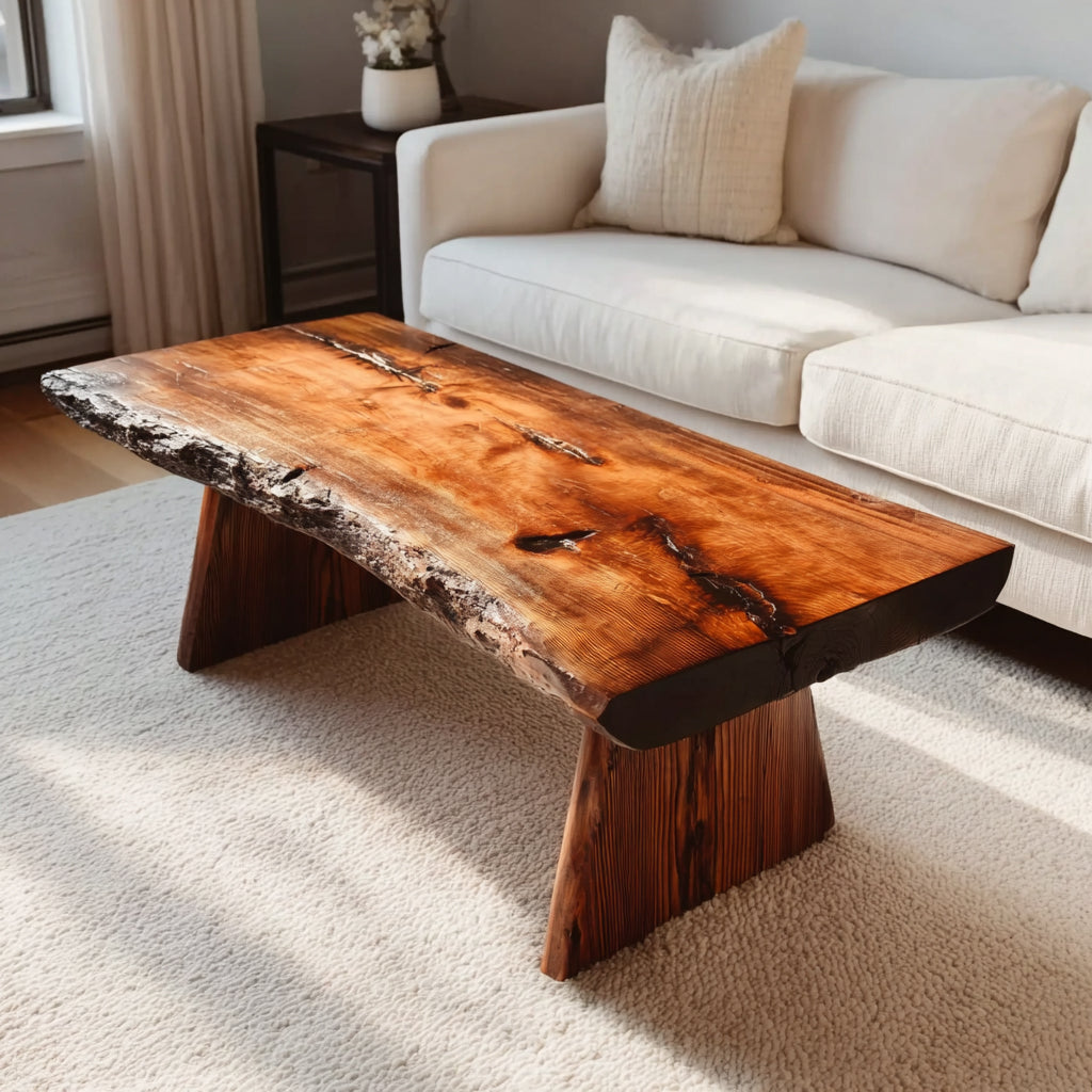 Rustic Handmade Wooden Coffee Table – Live Edge Solid Wood Farmhouse Trestle Table