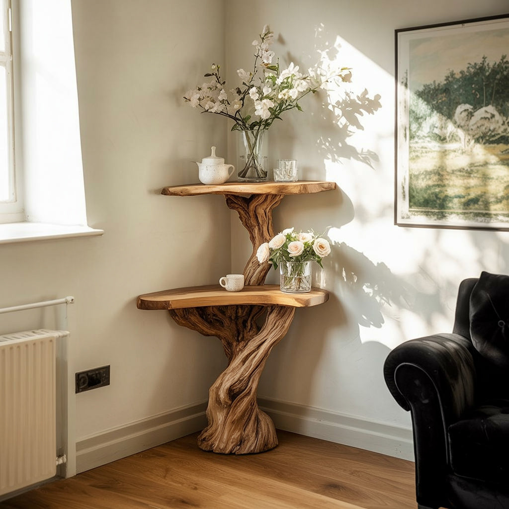 Corner Tree Console Table – Handcrafted Solid Wood Branch Shelf, Rustic Floating Plant Stand