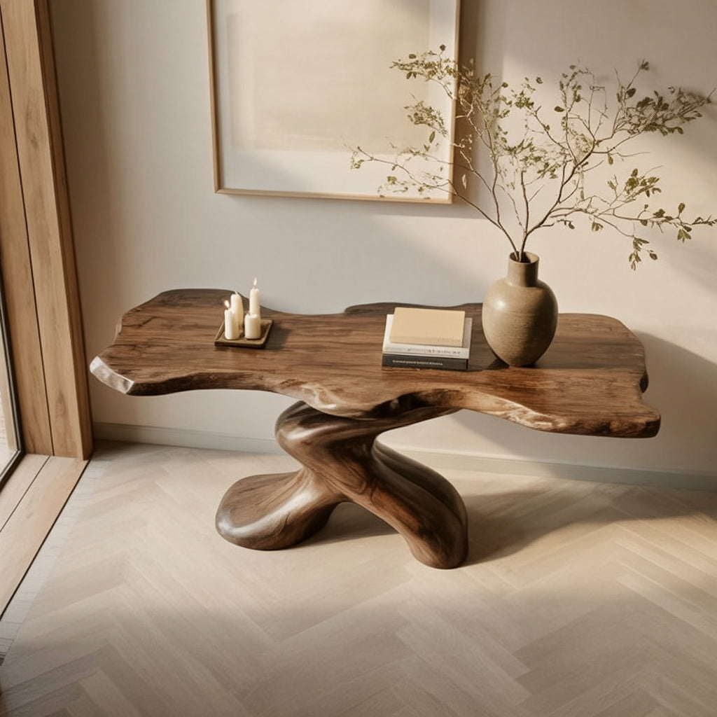Modern Rustic Solid Wood Console Table – Handcrafted Sculptural Base Hallway & Entryway Table
