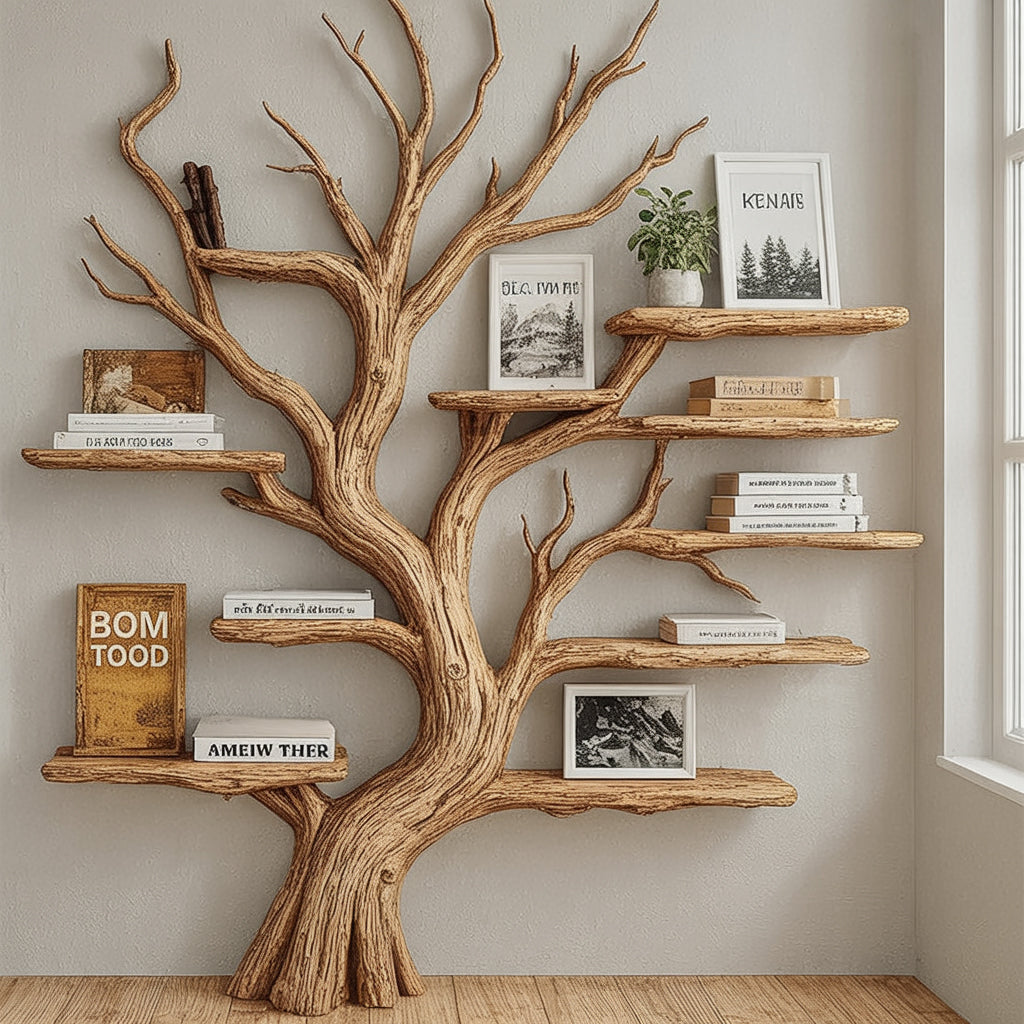 Rustic Tree Shaped Wooden Bookshelf with Branch Design for Living Room or Home Library