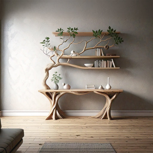 Handmade Rustic Console Table with Tree Branch Bookshelf – Live Edge Farmhouse Entryway Table, Natural Wood