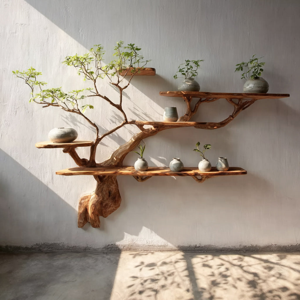 Driftwood Floating Bookshelf – Rustic Tree Branch Wall-Mounted Bookcase