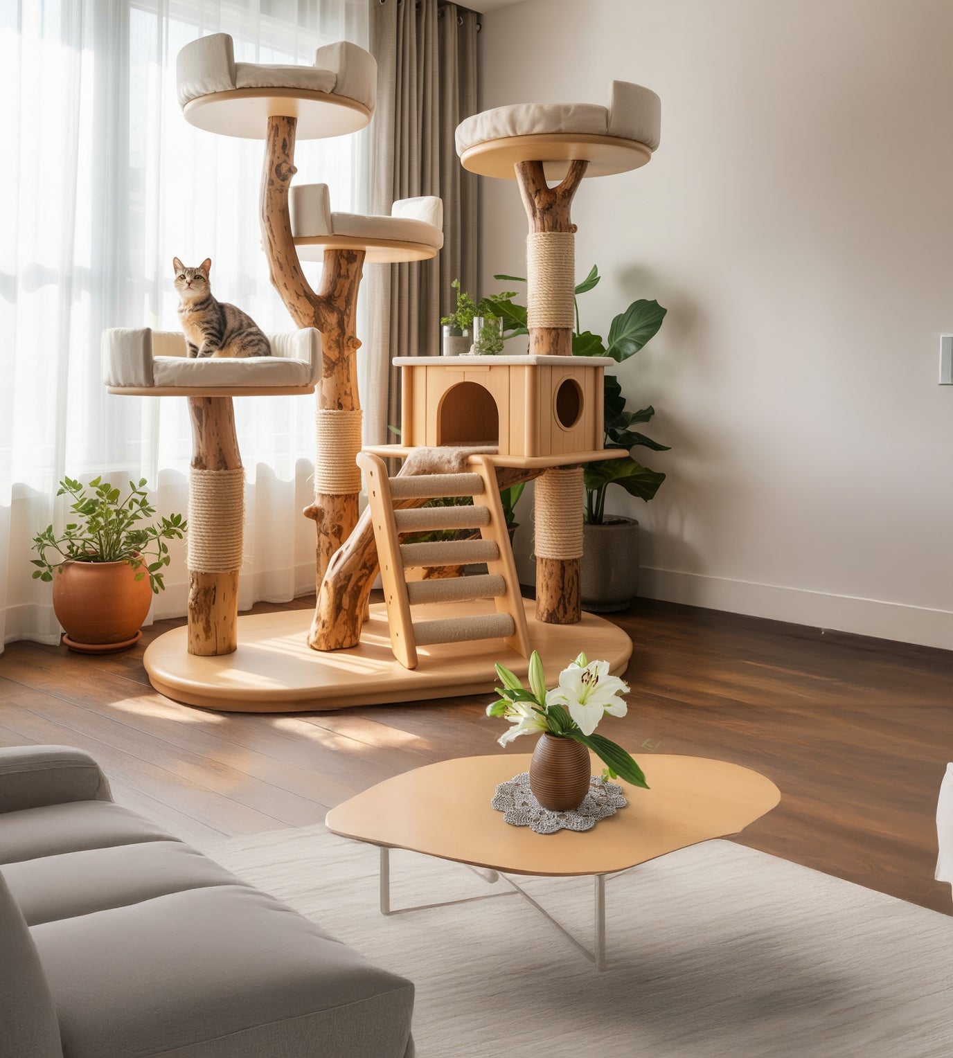 Cat Tree Made from Real Branches and Wicker – Perfect for Minimalist Homes