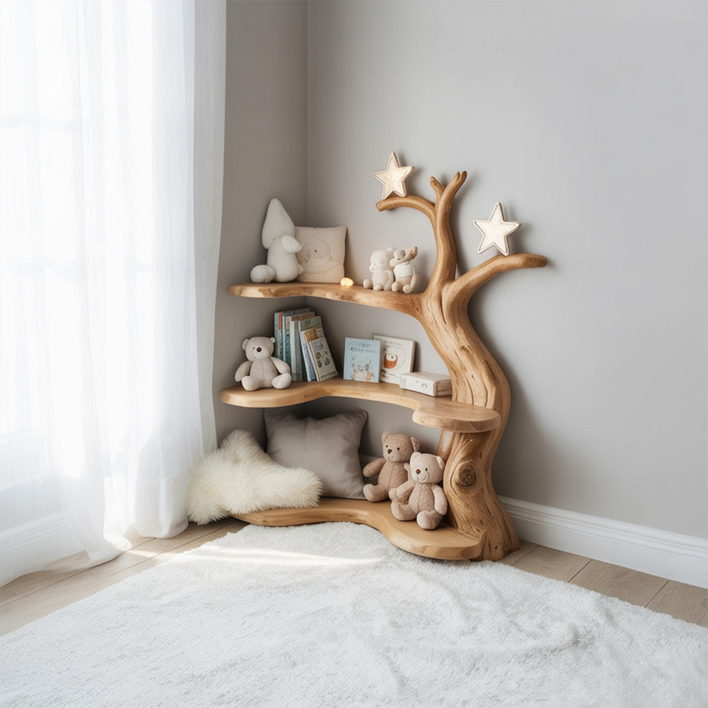 Handmade Wooden Tree Bookshelf for Kids – Rustic Corner Shelf for Nursery or Playroom