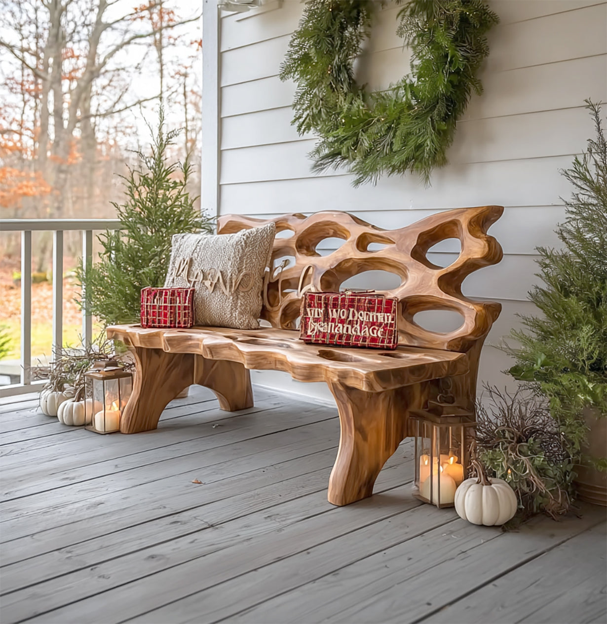 Rustic Farmhouse Wooden Porch Bench – Solid Wood Entryway & Outdoor Seating