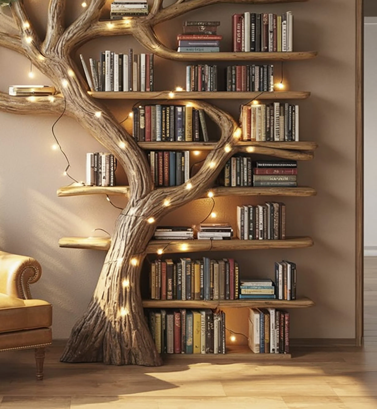 Tree Branch Bookshelf – Floating Live Edge Wooden Wall Shelf Décor