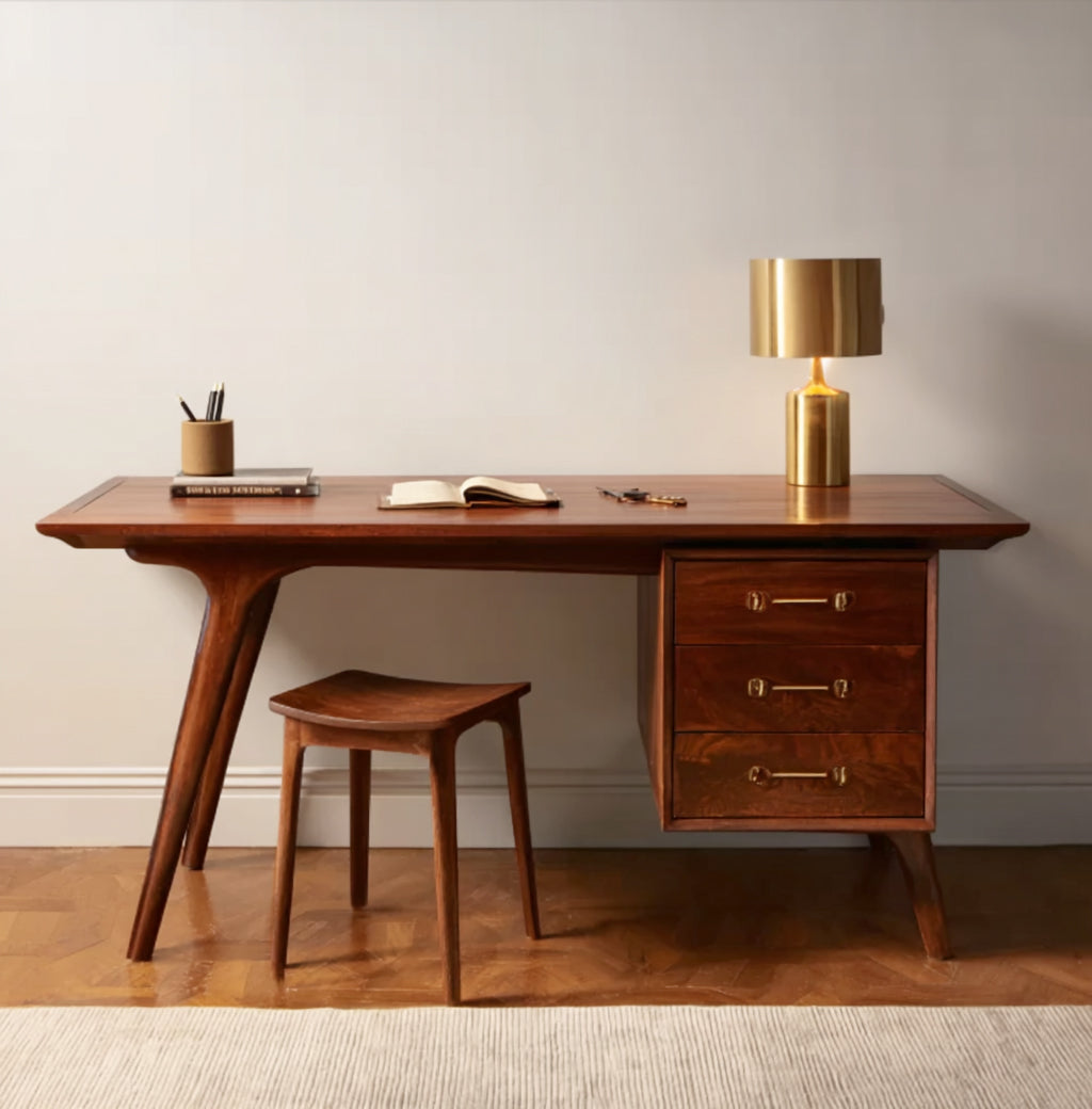 Mid-Century Modern Solid Wood Desk – Elegant Walnut Writing Table with Brass Accents