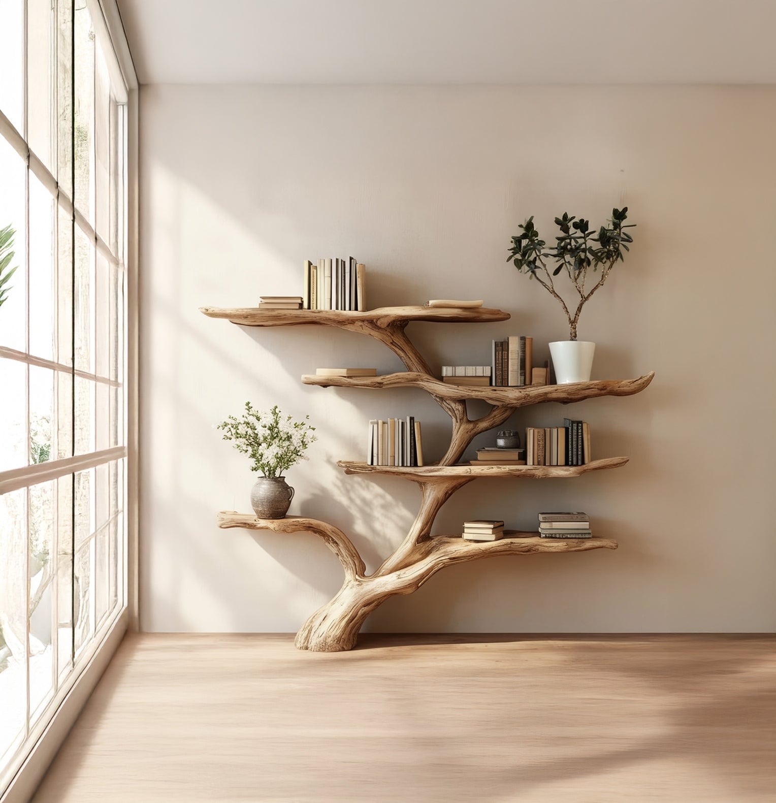 Live Edge Tree Branch Shelf – Handmade Wooden Bookcase, Rustic Decor