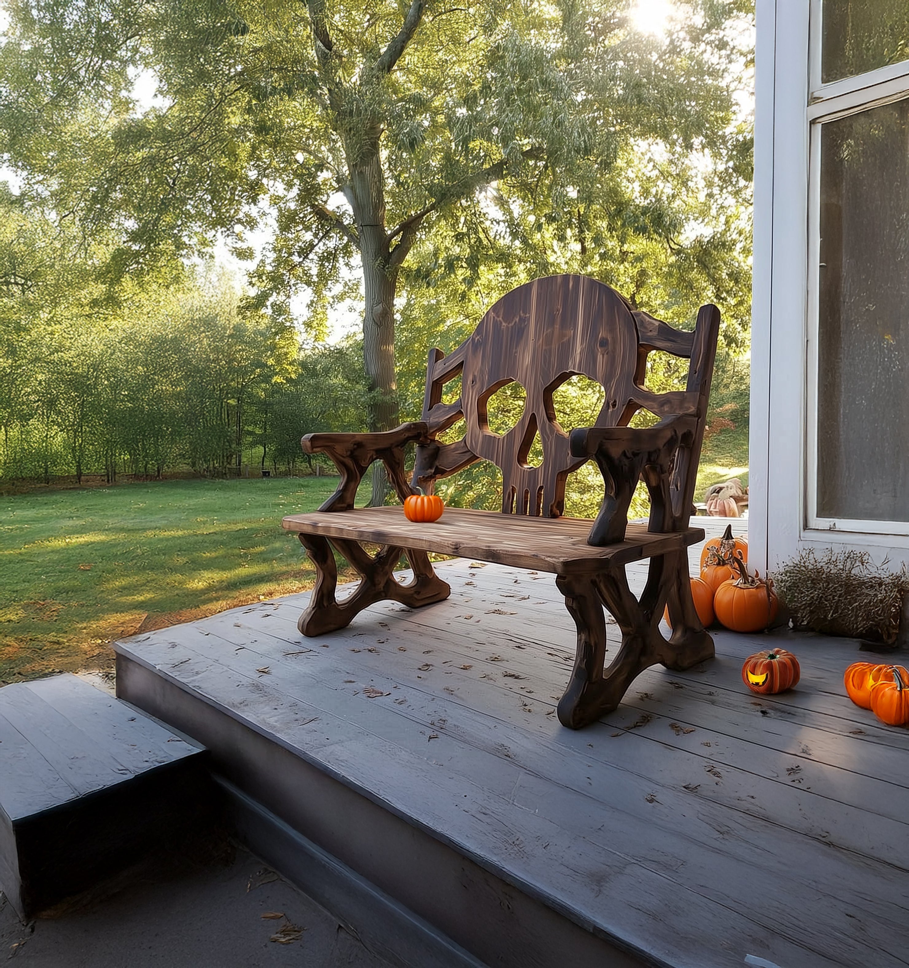 Handcrafted Skull Bench – Halloween Outdoor Wooden Seating for Porch or Garden