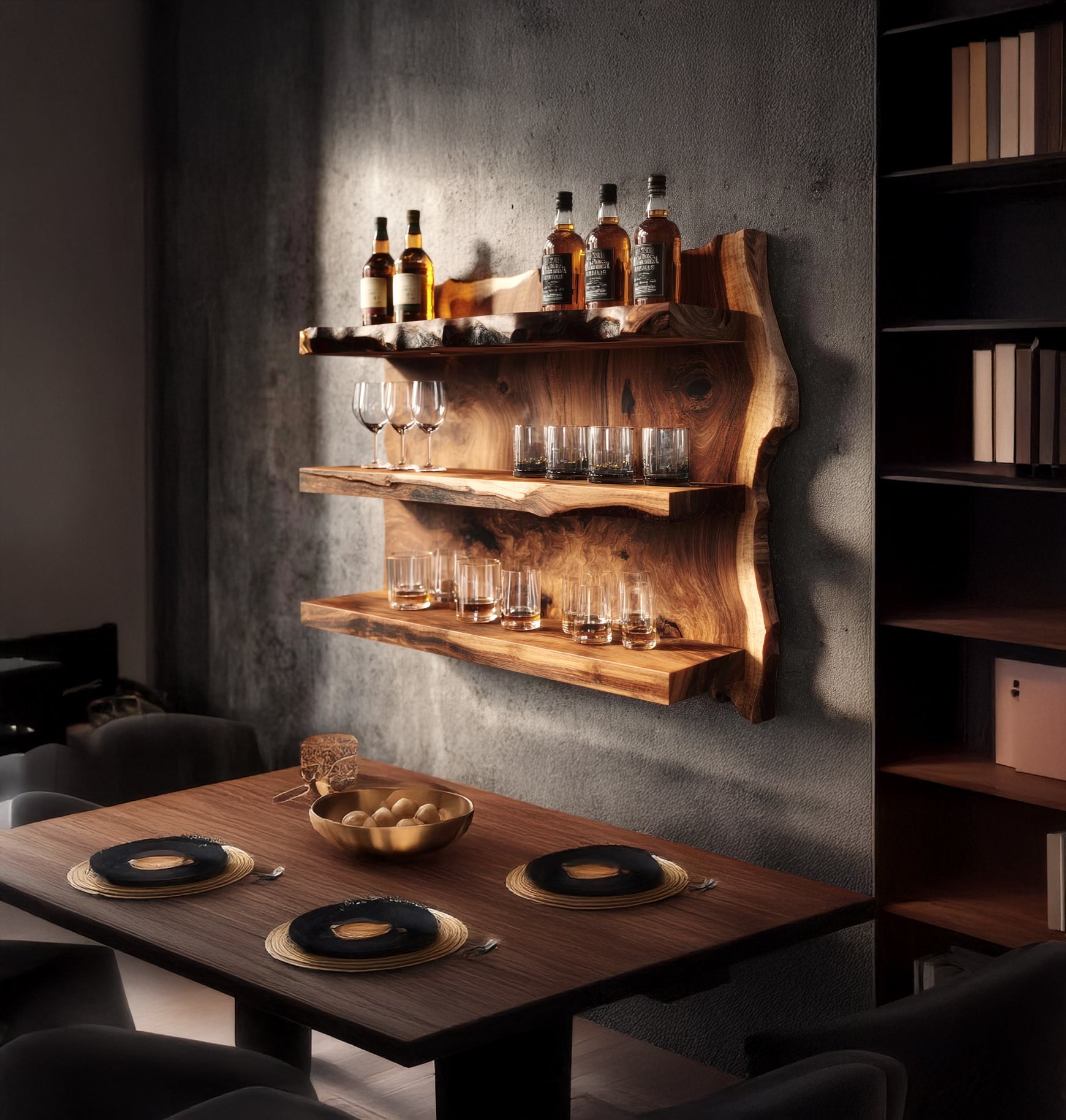 Live Edge Floating Bar Shelf – Handcrafted Solid Wood Wall Bar, Rustic Home Decor