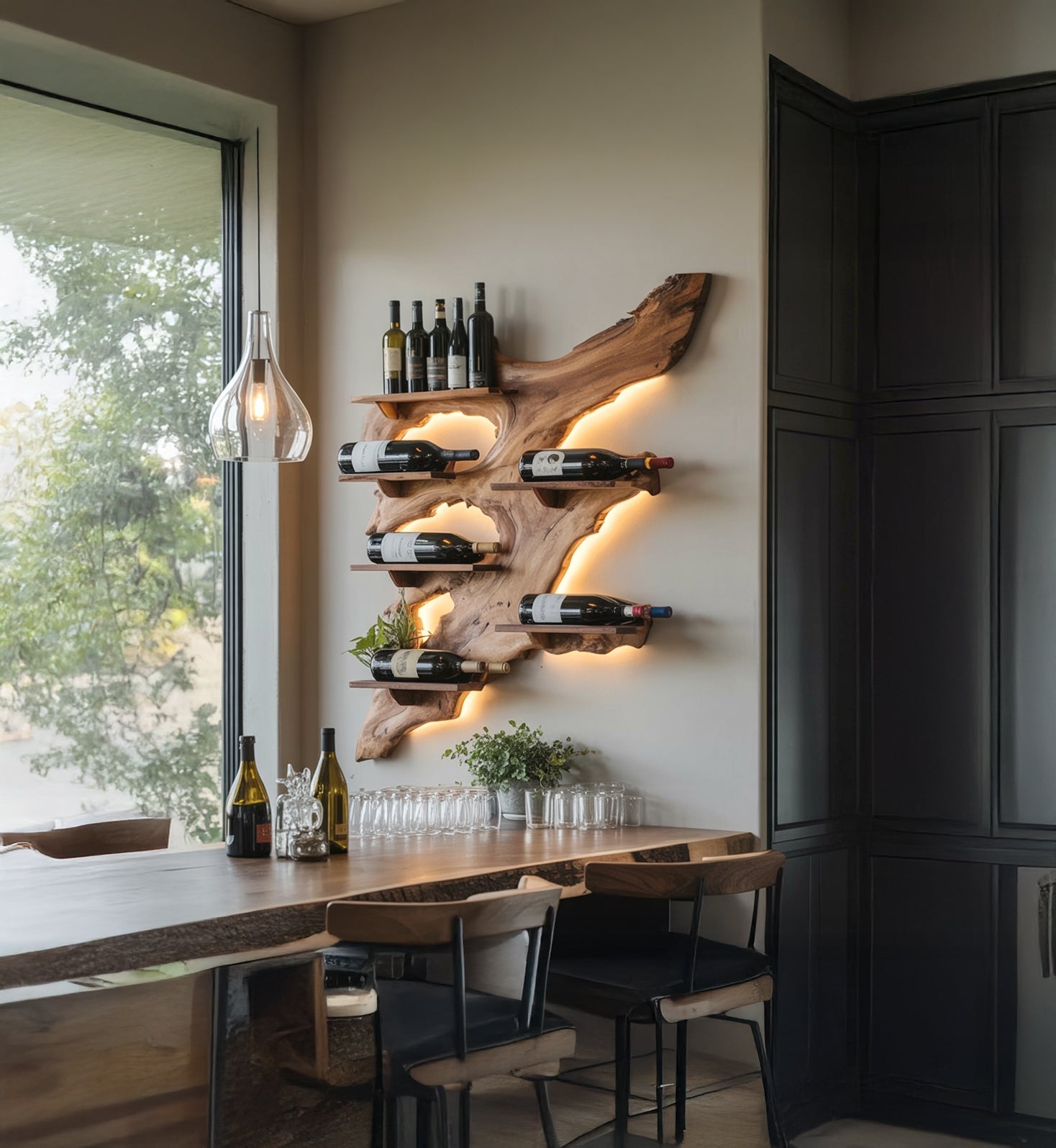 Rustic Solid Wood Wine Bottle Holder – Mid Century Wine Rack for Modern Home Décor