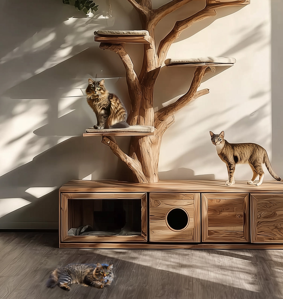 Handmade Wooden Cat Tree Tower – Rustic Furniture for Large Cats & Modern Pet Décor
