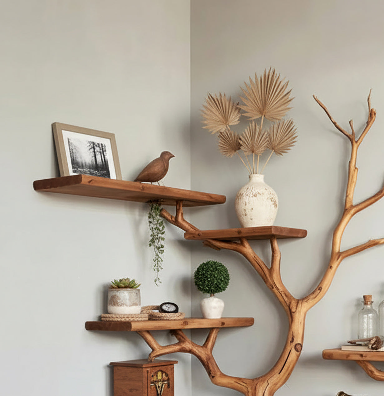 Handcrafted Tree Branch Wall Shelf – Solid Wood Sculptural Bookshelf