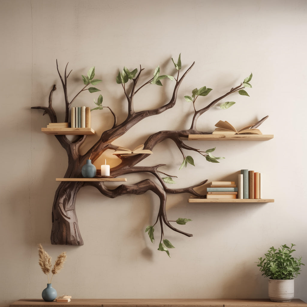 Rustic Corner Floating Bookshelf – Live Edge Driftwood Branch Wall Décor