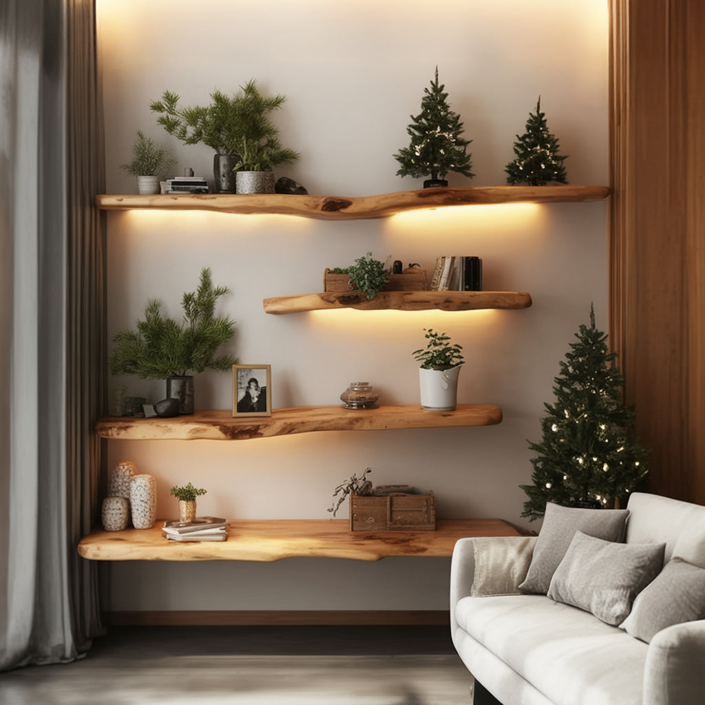 Handcrafted Live Edge Floating Shelves – Carved Wavy Wood Wall Shelf