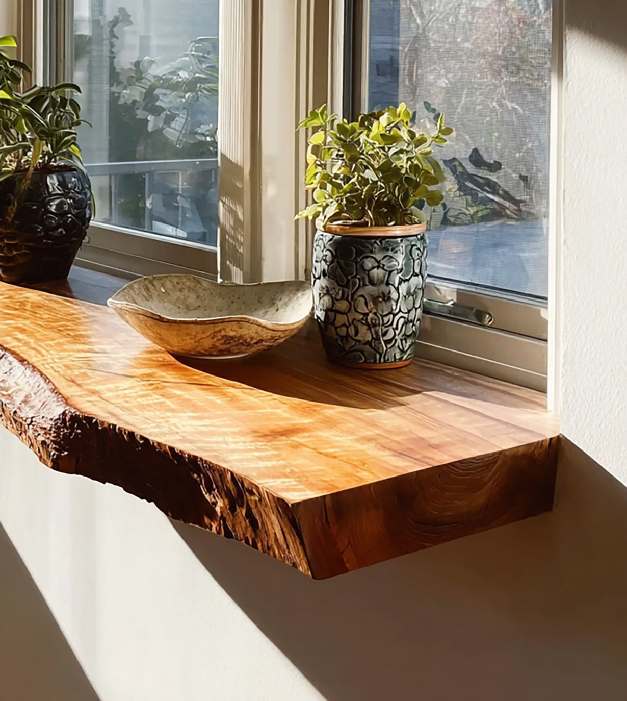 Handcrafted Live Edge Floating Shelf – Carved Wavy Wood Wall Art