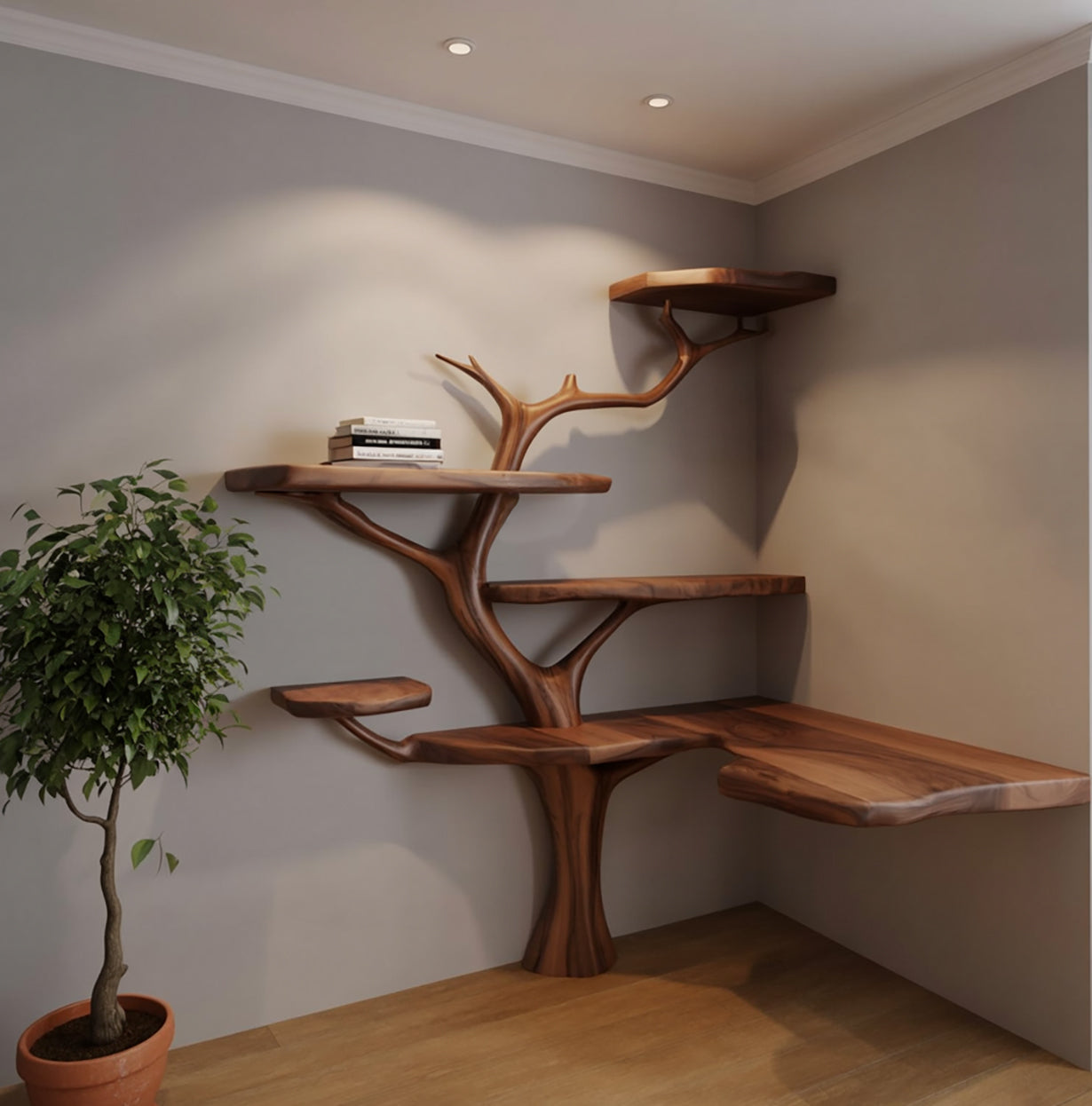 Driftwood Branch Floating Bookshelf Hall Tree With Wood Bench