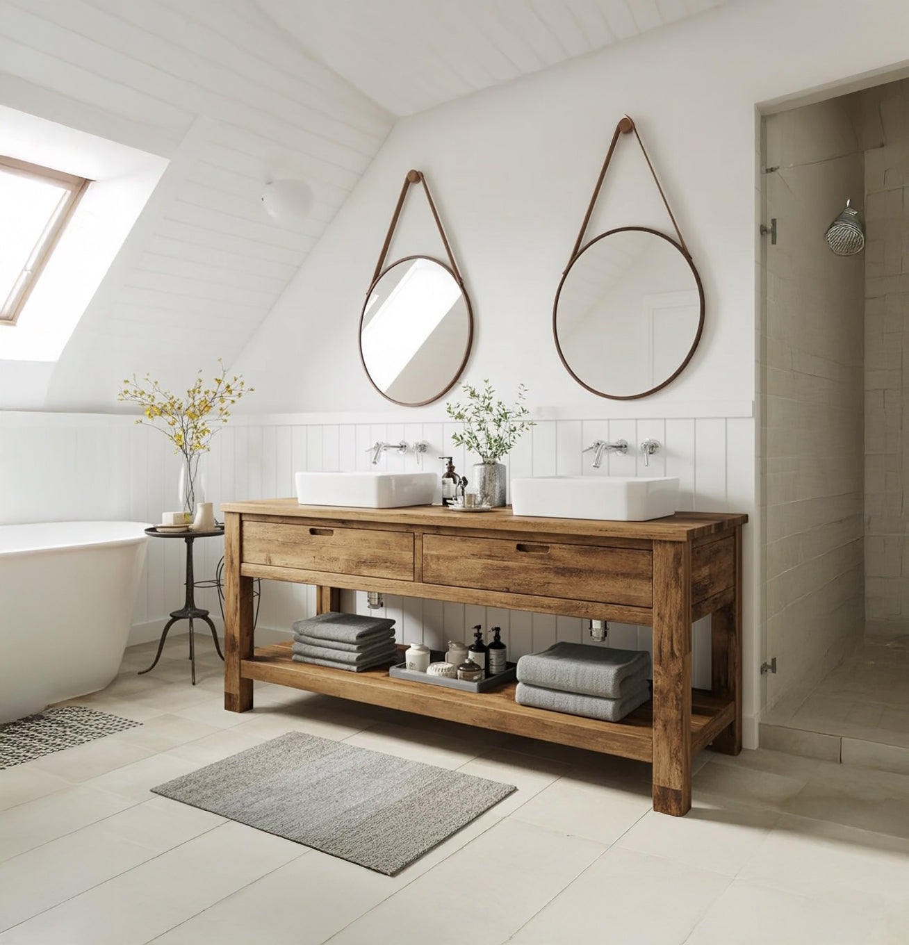 Rustic Reclaimed Wood Floating Bathroom Vanity with Drawers – Farmhouse Double Sink