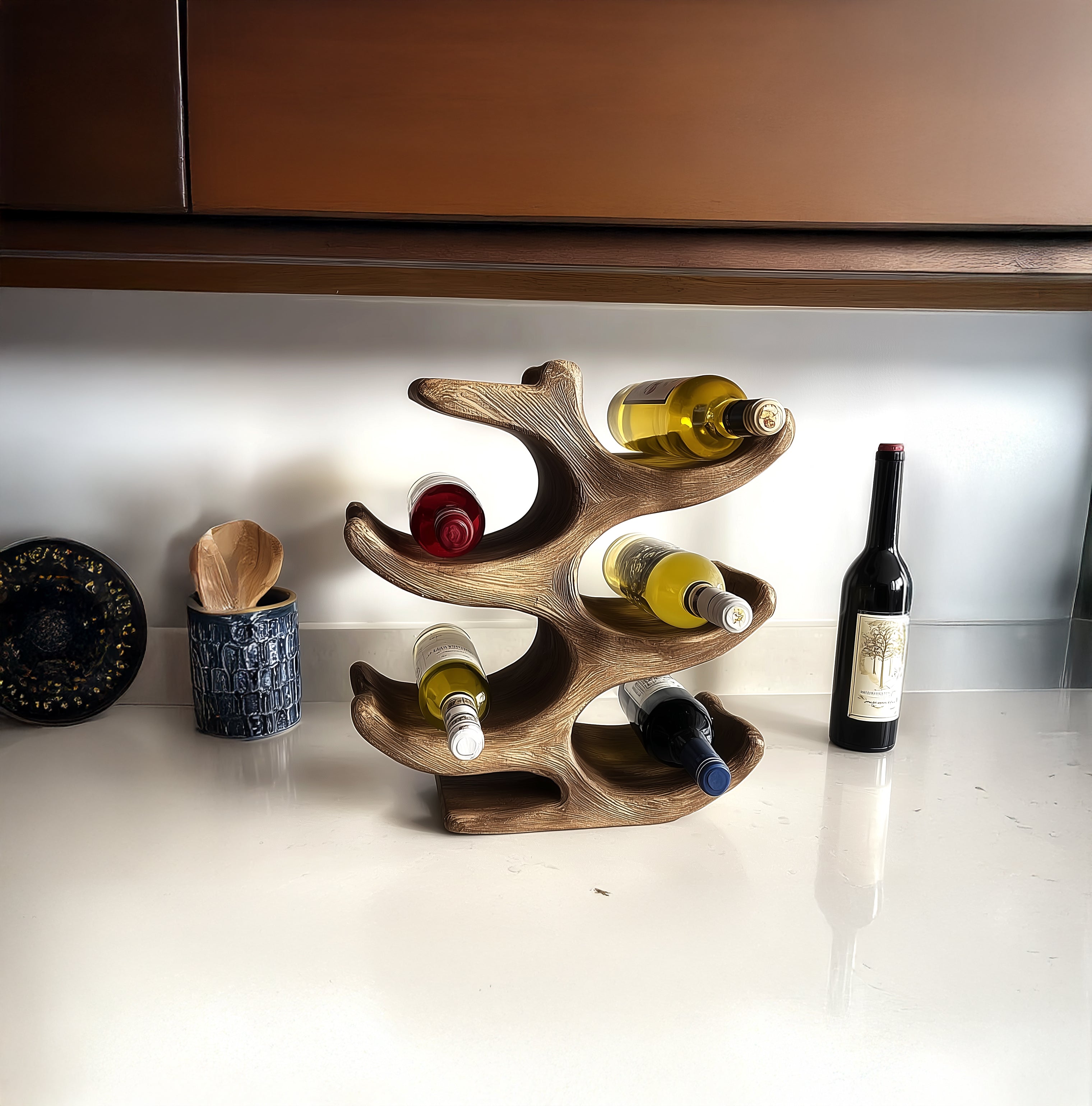 Tree Trunk Wine Rack – Handmade Solid Wood Wine Shelf with Glass Holder for Home Decor