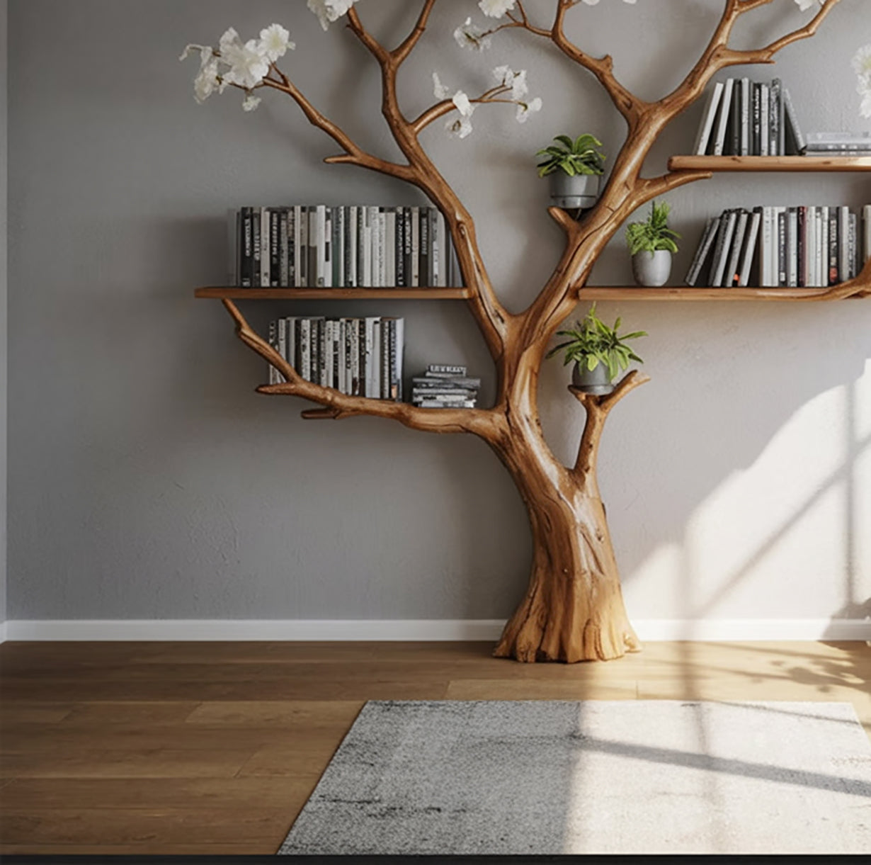 Unique wooden tree-shaped bookshelf with books and potted plants against gray wall