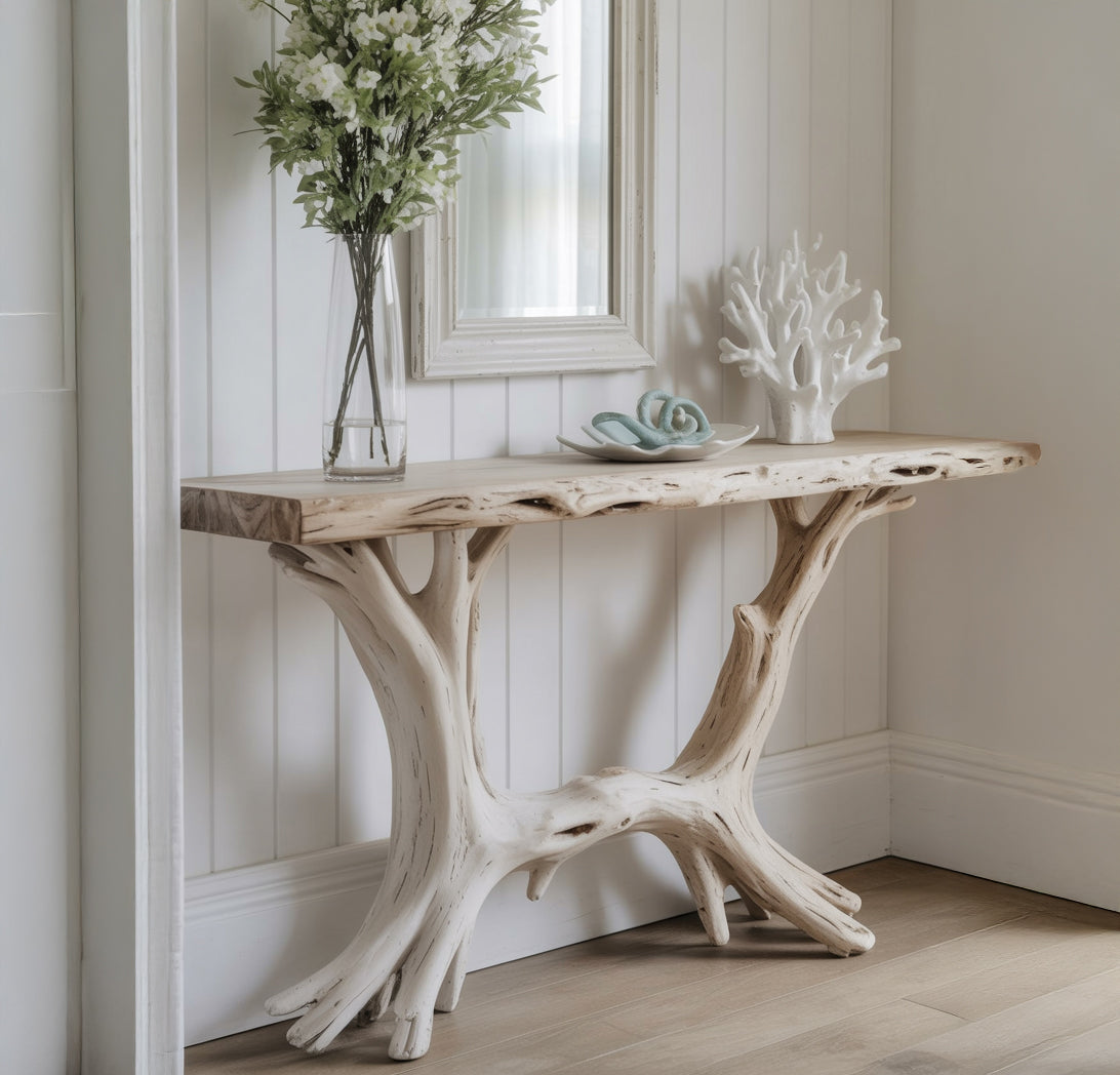 Artisanal Live Edge Console Table with Sculptural Wood Base