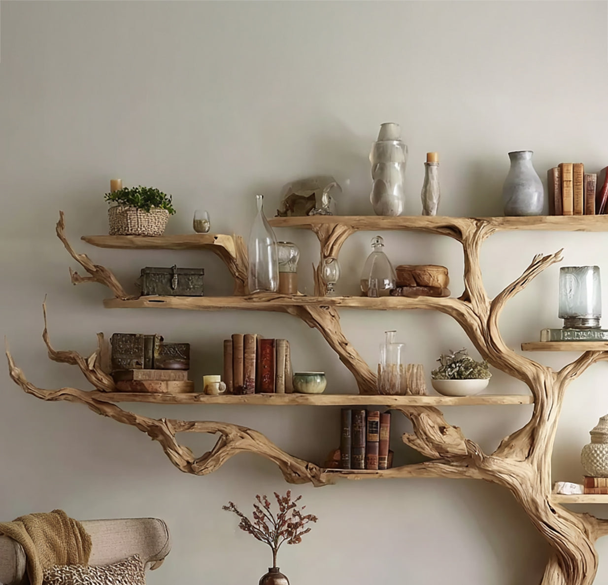 Natural wood tree branch wall shelf with vintage books, glass bottles, pottery, and decorative items