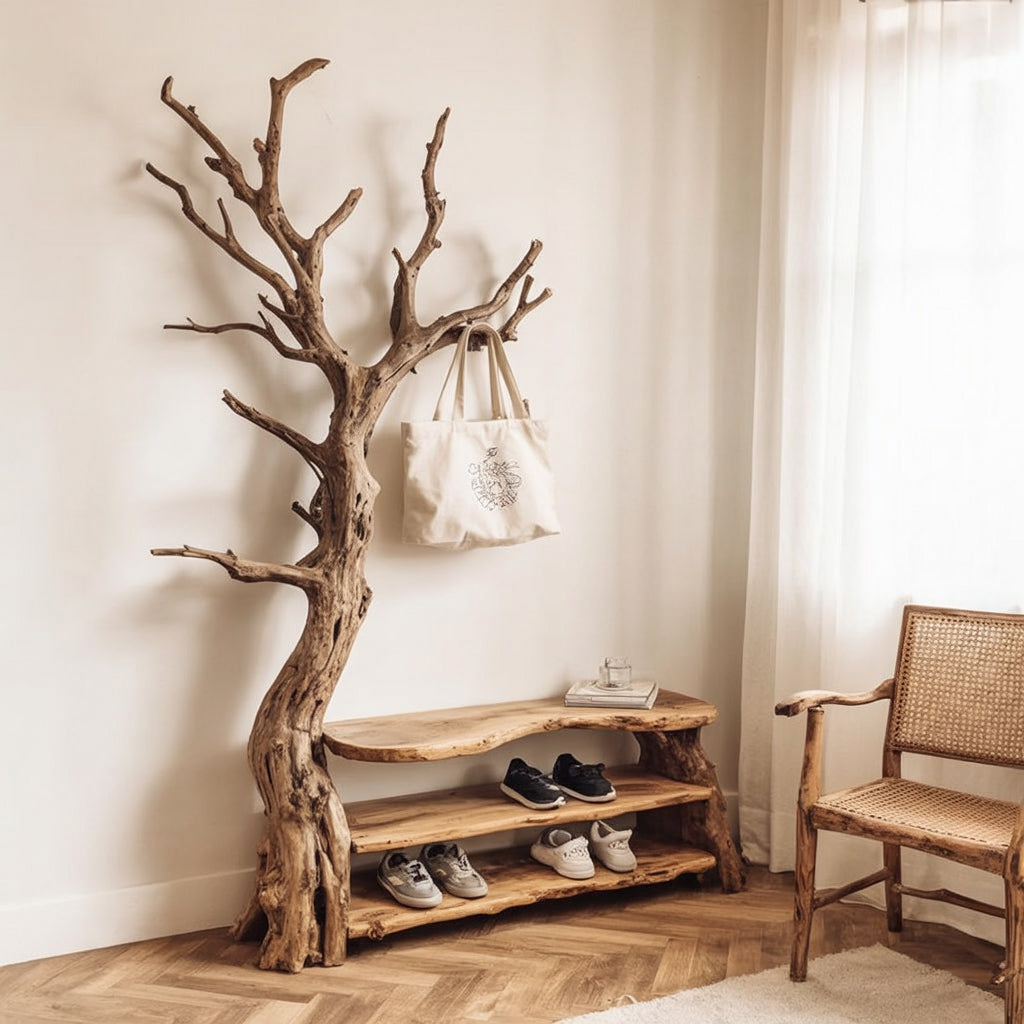 Driftwood Tree Branch Coat Rack – Wall-Mounted Solid Wood Hooks