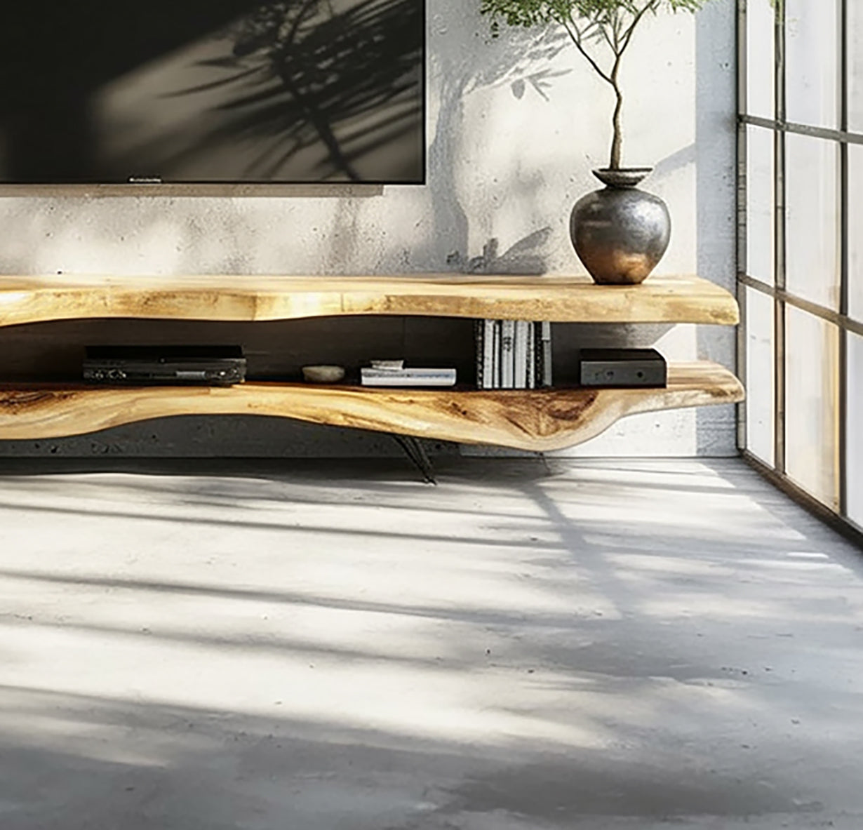 2-Piece Solid Wood TV Stand & Rustic Floating Walnut Shelves