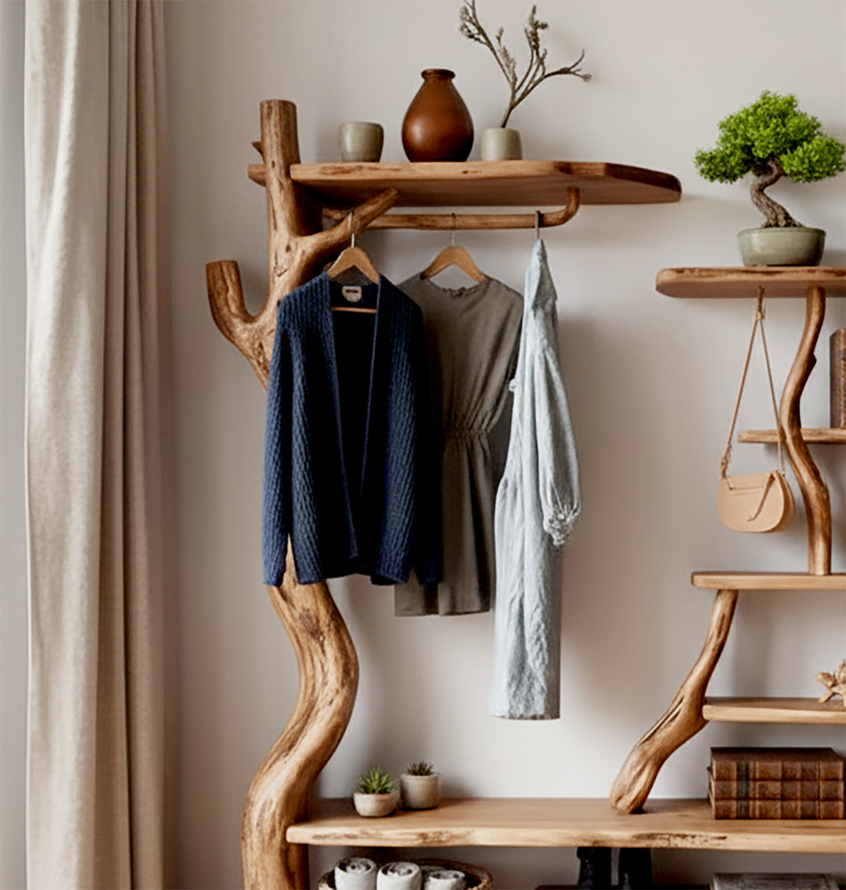 Tree Branch Coat Rack Wall Mount Driftwood Storage Shelf Coat Hook Shoe Storage Decoration