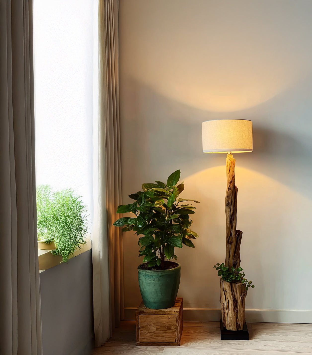 Rustic Driftwood Standing Tree Lamp – Handmade Wooden Floor Light with Rattan Lampshade