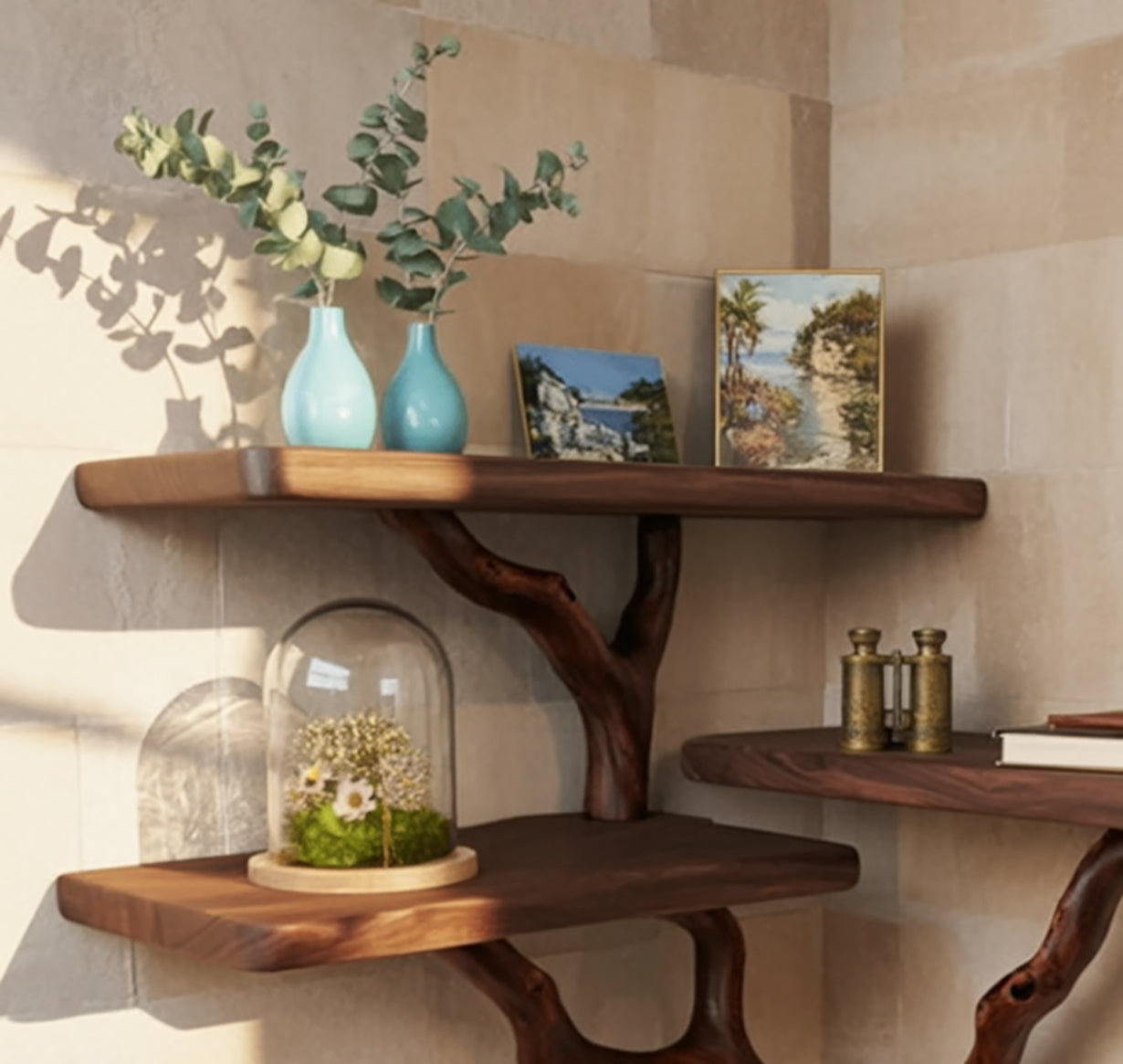 Organic Live Edge Wooden Corner Shelves with Branch Support – Rustic