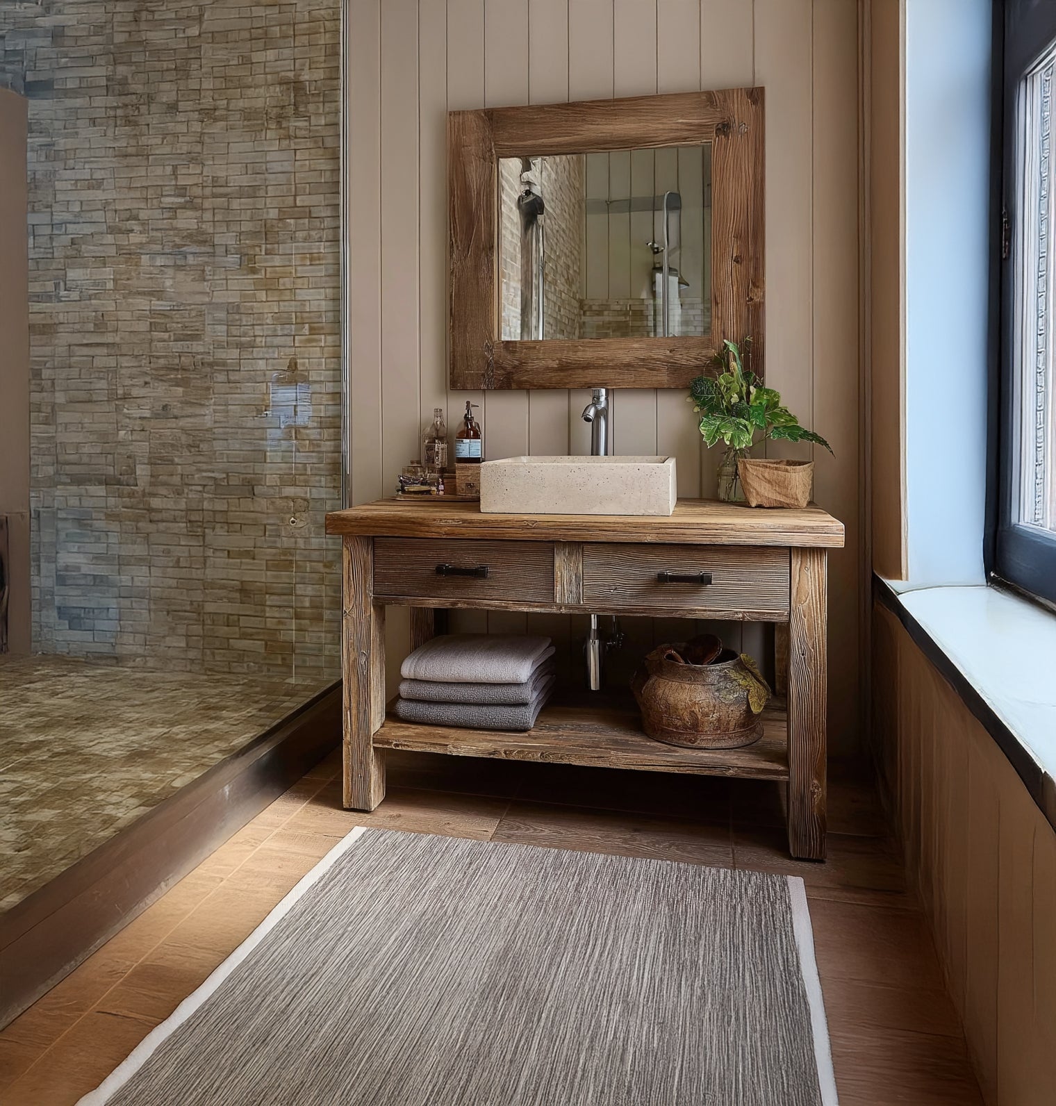 Wooden Rustic Style Handmade Bathroom Vanity – Live Edge Solid Wood Cabinet Sink Table