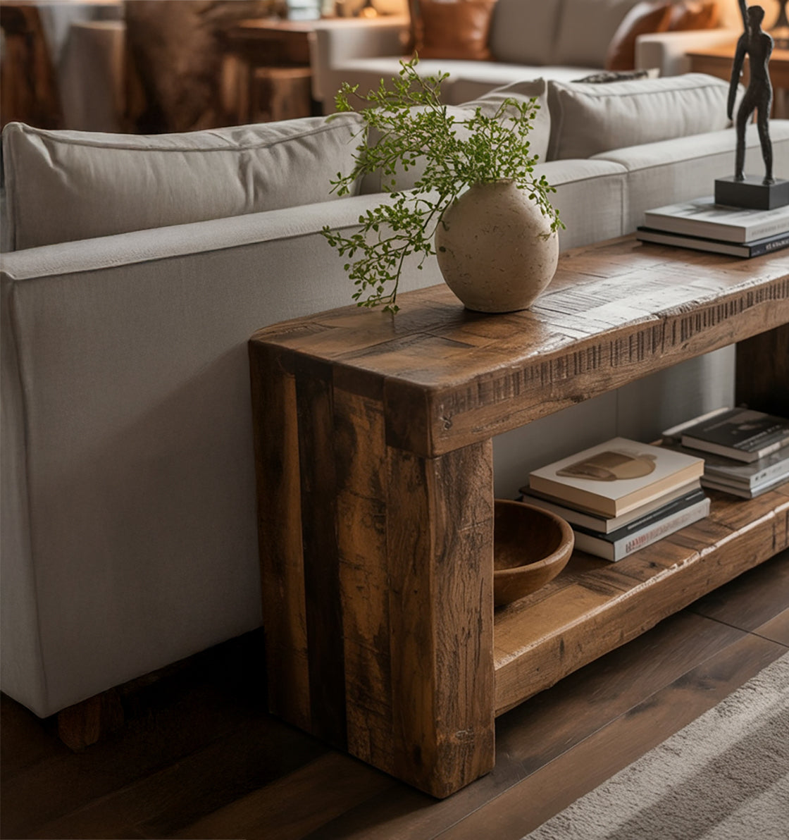 Rustic Reclaimed Wood Console Table – Handmade Solid Wood Entryway Table with Shelf