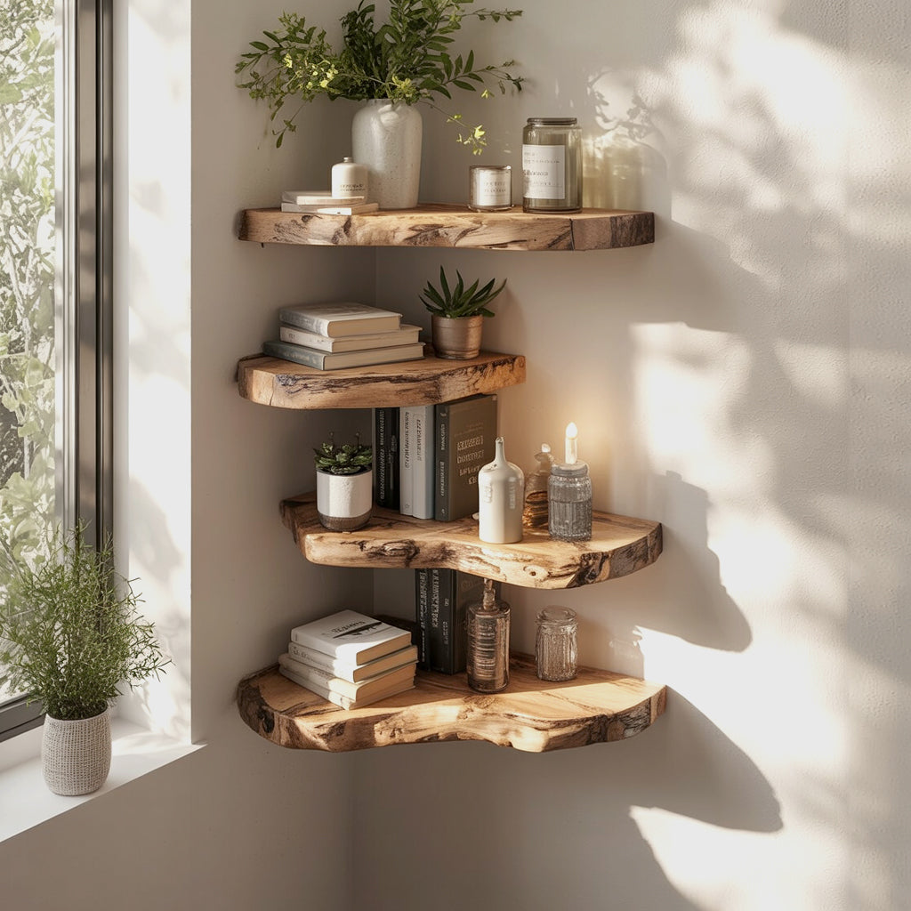 Rustic Live Edge Corner Shelves – Handmade Solid Wood Floating Wall Shelves