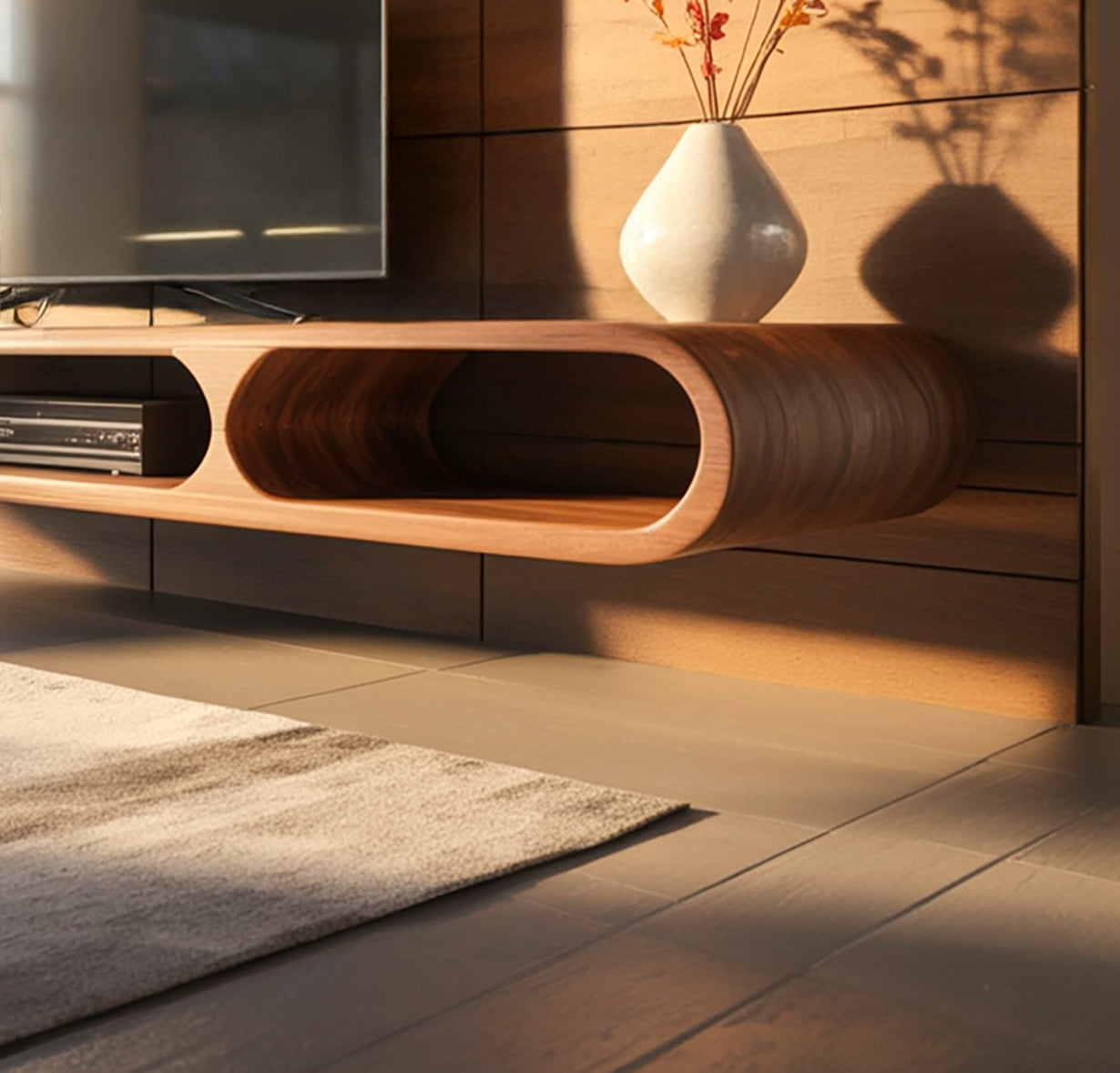 Modern Floating TV Stand – Curved Solid Wood Media Console, Handmade