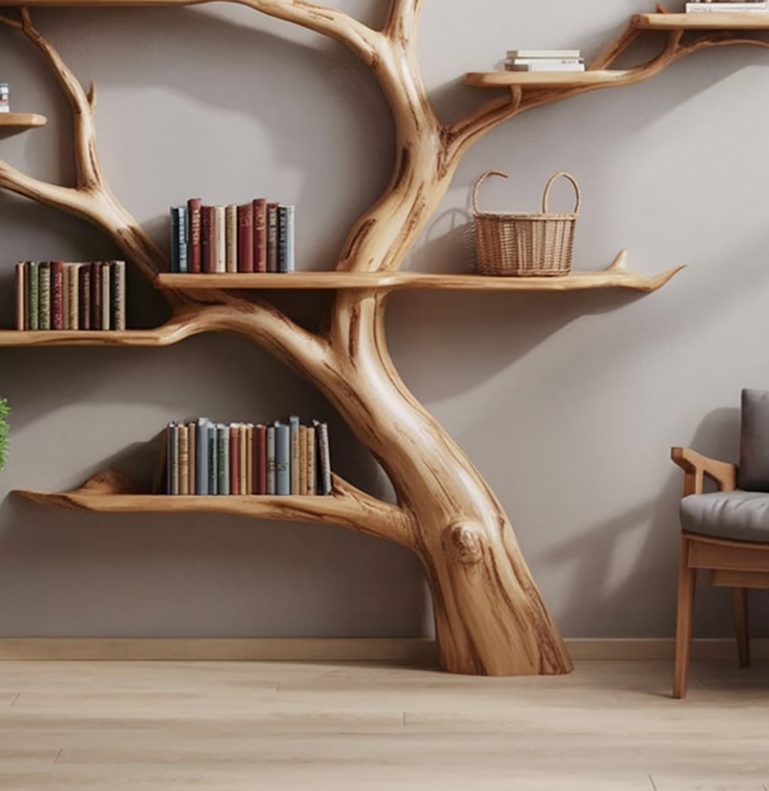 Handmade Tree Bookshelf – Wooden Tree Bookcase, Rustic Wall Shelf for Home Decor