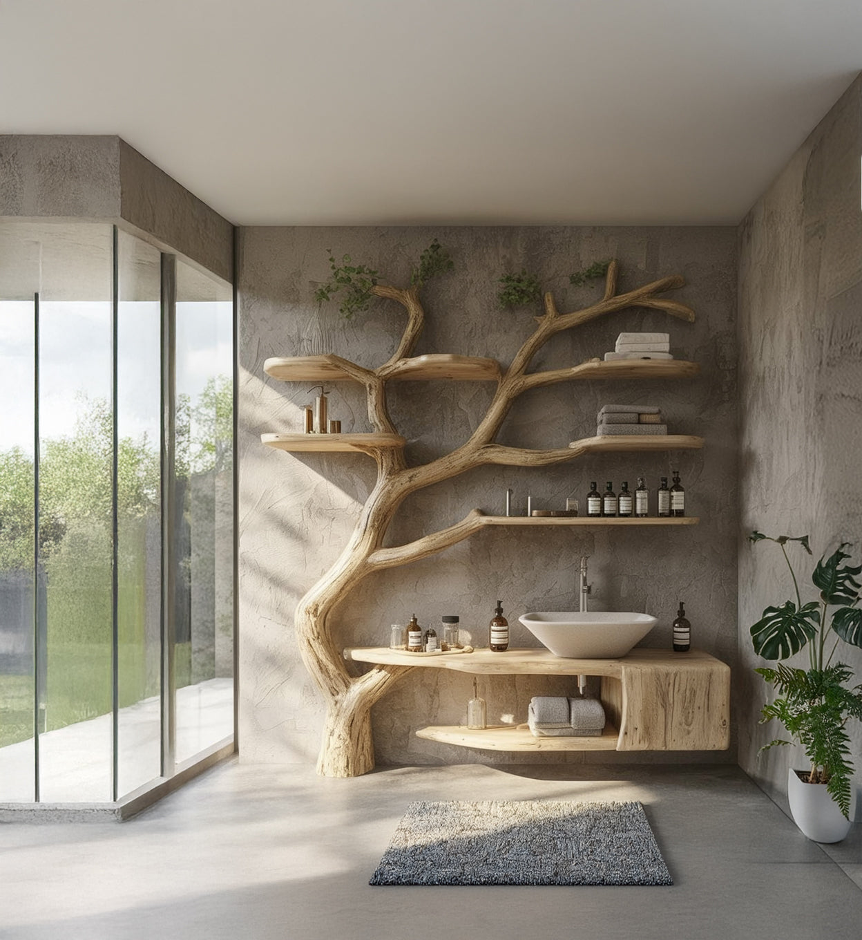 Rustic Solid Wood Vanity – Handmade Bathroom Sink with Floating Tree Branch Shelves, Artistic Home Decor Gift